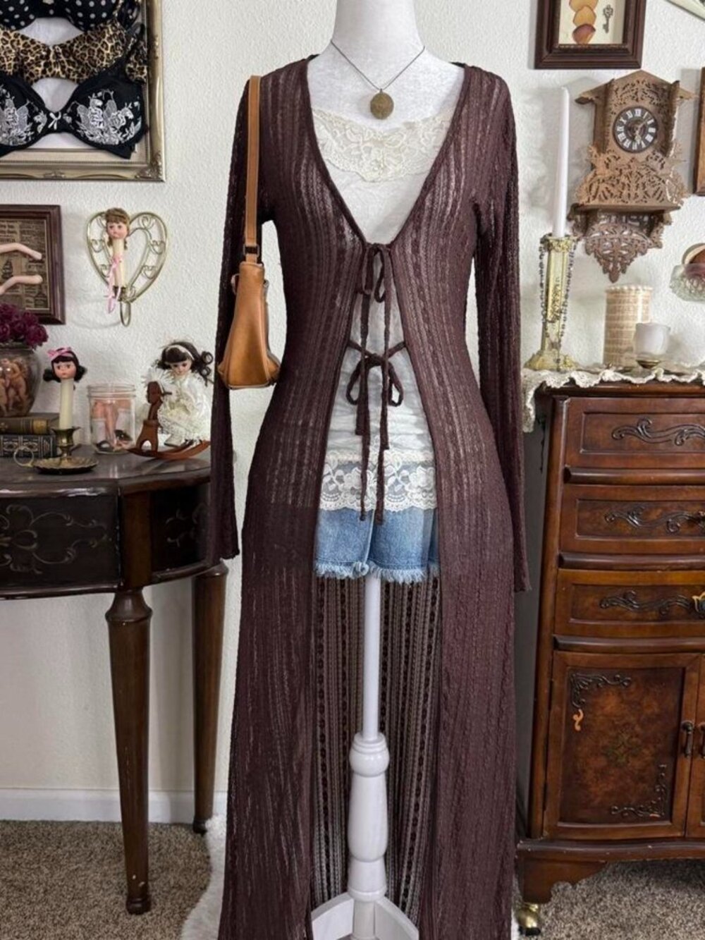 Dainty romantic fairy grunge brown sheer lace maxi length tie front flare sleeve